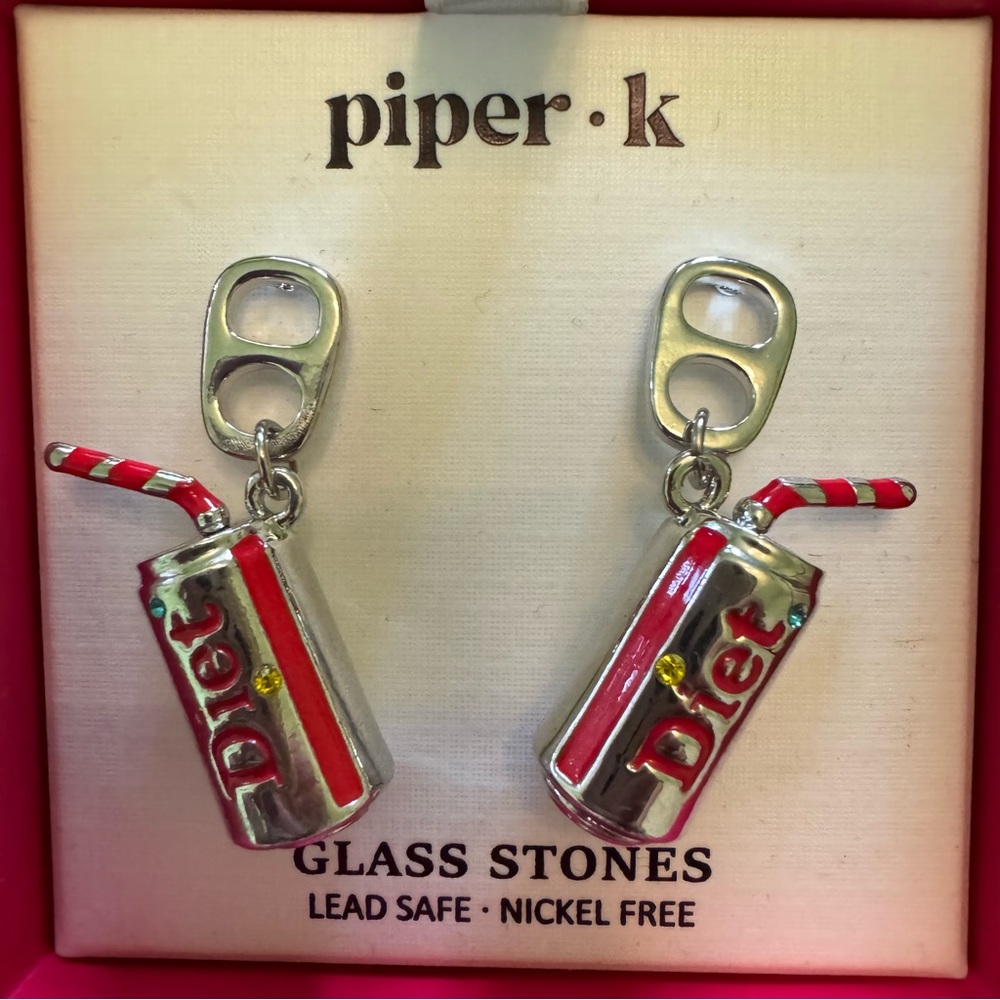 NEW NWT! Piper K Diet Coke Cola Soda Can on Pull Tab Earrings with Glass Stones